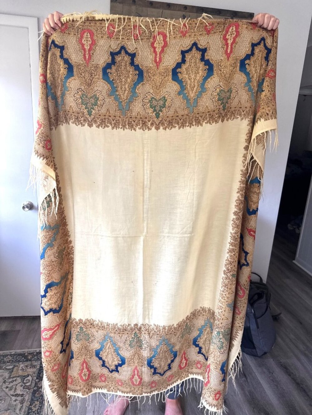 Victorian Era Square Shawl Cream Bright Border Motif Fringe